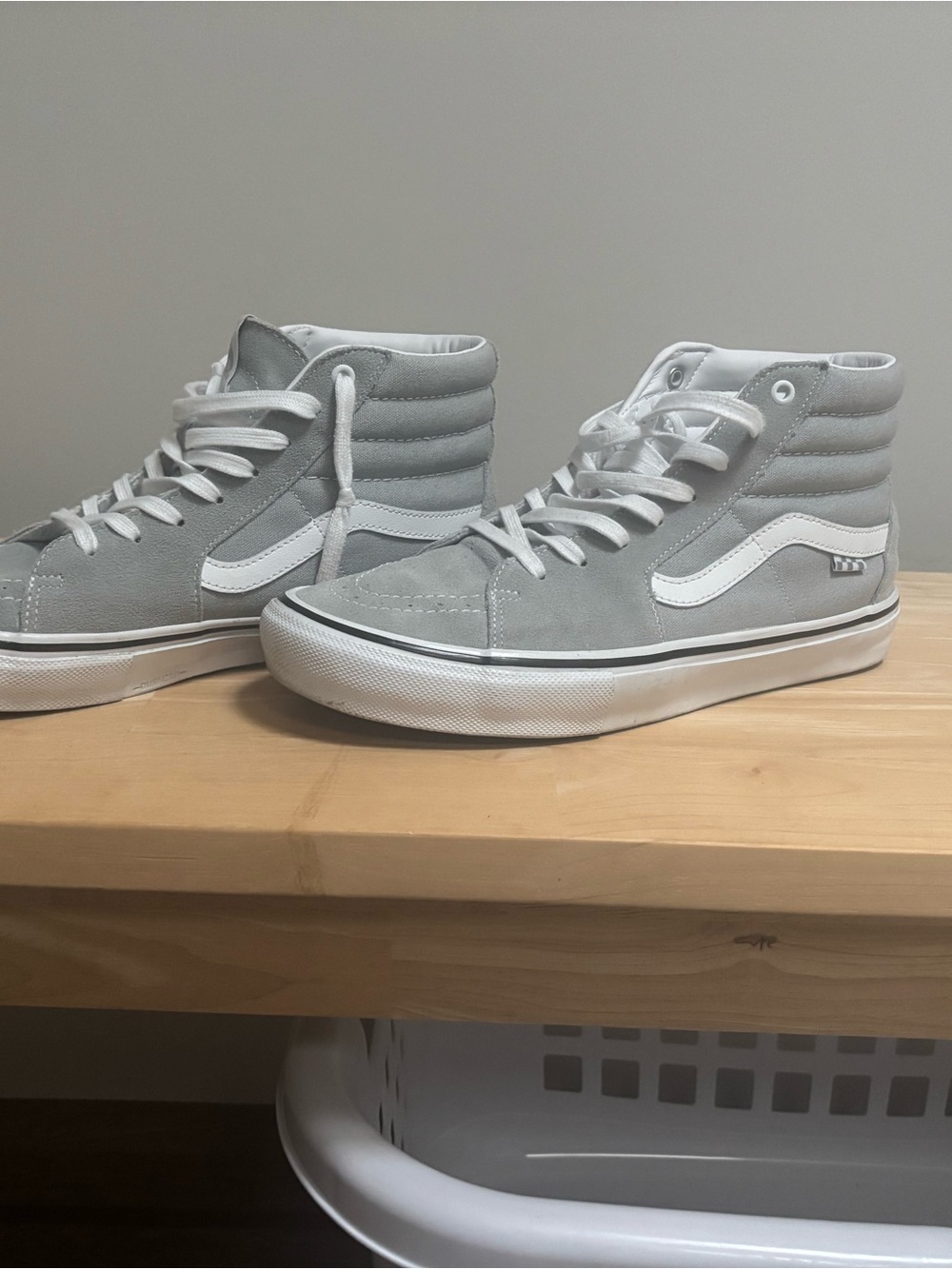 Vans SK8 High Top Suede Skate Sneakers in Light Gray and White